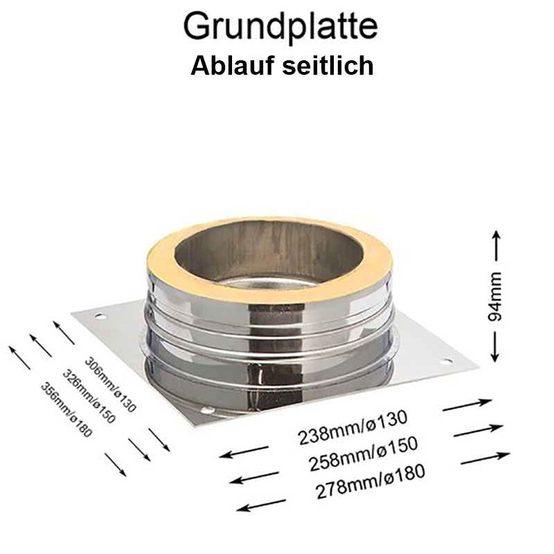 DW Complete Grundplatte Ablauf seitlich 180mm unter Schornsteine|Edelstahl Schornsteine|DW-Complete|DW-Complete DN 180mm