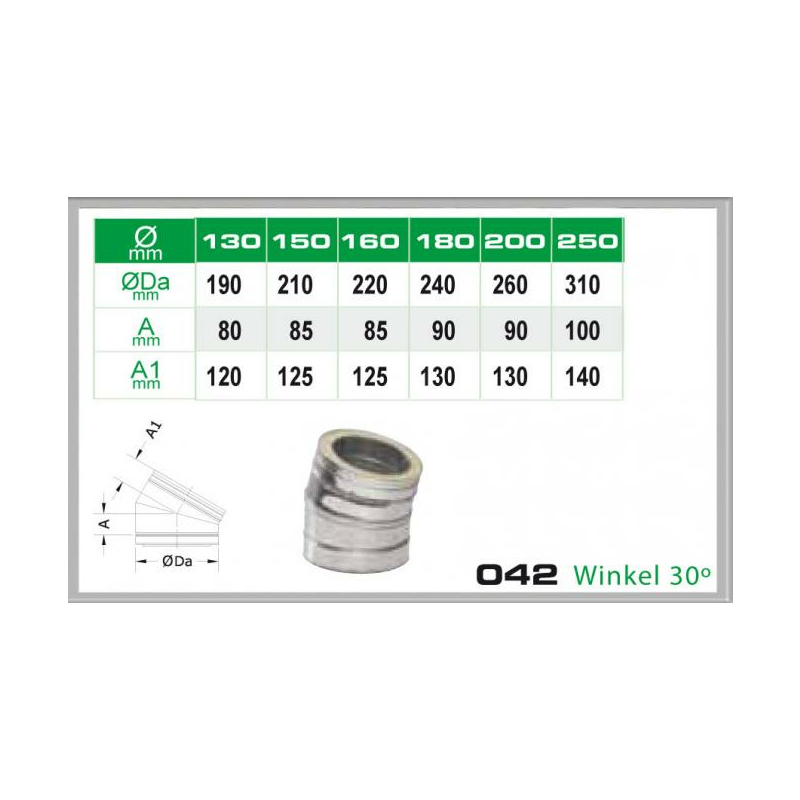 Winkel 30- fr Schornsteinsets 130mm DW unter Schornsteine|Edelstahl Schornsteine|Dinak Edelstahlschornstein|DW Schornsteinpakete Dinak|Edelstahl Pakete doppelwandig DN 130mm DW Dinak|Zustzliche Paketteile DN 130mm DW Dinak